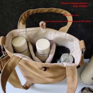 Lightweight Canvas Cup Holder Triple Grid Double Cup Sleeve Crossbody Water Bottle Cover Storage Simple And Convenient