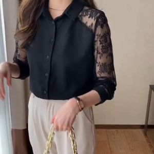 Dahong w449 เสื้อเชิ้ต ลูกไม้ เย็บ แขนยาว สไตล์ใหม่ สำหรับผู้หญิง สไตล์เกาหลี เสื้อเชิ้ตใส่ทำงานสำหรับผู้หญิง