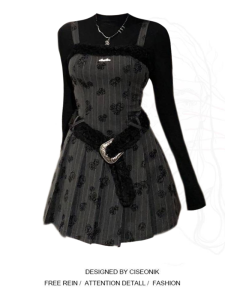 Fall and Winter Matching a Set of Womens Slightly Oversized Girls Suspenders Pleated an Embroidered Skirt Fall and Winter Dress Womens Bottoming Two-Piece Set