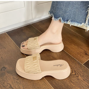 Womens Summer Thick Heel Slippers Beach Sandals High Heel Outdoor Slip-On Shoes Korean Style PVC Upper Rubber Sole