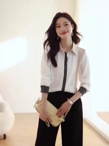 AMMIN 2025 Spring New Simple Lapel Contrast Color Single-Breasted Long Sleeve Commuter Chiffon Shirt Womens Korean Style Fashion Positioning Color Matching Stitching Design Elegant Blouse