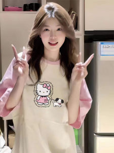 Pink Pure Cotton Short Sleeve T-Shirt Womens Large Childrens Summer Dopaamine Matching Color Shoulder Insertion Top