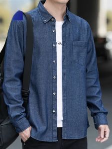 ROMON | Lormen Mens Denim Shirt Casual Long Sleeve Spring Autumn Cotton Workwear Jacket Youth Fashion Urban Style No Iron Treatment
