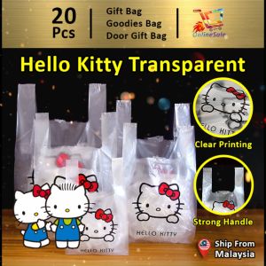 Gift Bag 20pcs Goodies Bag Door Gift (30) Hello Kitty Cute Cat Cartoon Transparent Handle Shopping Plastic Bag Birthday Singlet Snacks Packaging Begs
