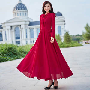 ชุดเดรสยาวทรงเข้ารูปแขนยาวผู้หญิงฤดูใบไม้ร่วงปี 2021 ชุดเดรสยาวเอวสูงสไตล์หวานๆ พร้อมโบว์ผูกคอ กระโปรงทรงเอ