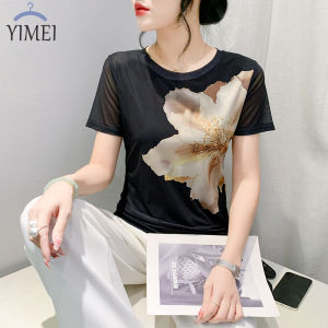Yimei khí chất Cổ Tròn đàn hồi cao lưới T-Shirt cho phụ nữ trong 2024 mùa hè thời trang tay ngắn đẹp in màu đen phía trên thời trang tay ngắn