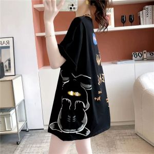 เสื้อยืดแขนสั้นผ้าฝ้ายแท้ไซส์ใหญ่ ทรงหลวม ลายการ์ตูน แขนครึ่งตัว เสื้อผ้าทำงานสไตล์เกาหลี แฟชั่นฤดูร้อน