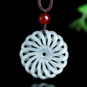 Natural A-grade Jade Light Blue Lucky Wheel Hollow Pendant for Women with Certificate