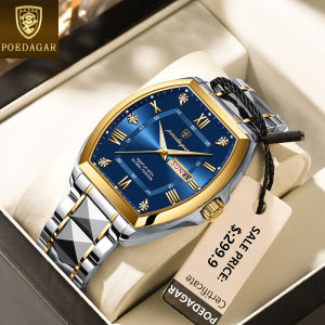 POEDAGAR luxury watch for men original branded waterproof 2024 new fashion tonneau tungsten steel dual calendar luminous quartz watch