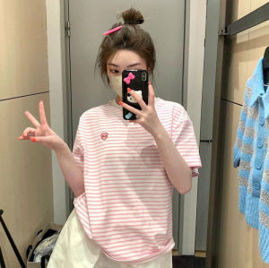 Áo Thun Tay Ngắn Kẻ Sọc Thời Trang Mùa Hè 2025 Bộ Đồ Thể Thao Rộng Rãi Hai Mảnh Giảm Tuổi Cho Phụ Nữ Trẻ