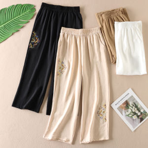 Ethnic Style Embroider Middle-Aged and Elderly Womens Pants Summer Refreshing Breathable All-Matching Straight Cropped Ladieswear Casual Pants Thin B873