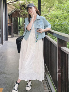 ฤดูร้อน 2024 ผู้หญิง ลำลอง เดนิม Halter เดรส ชุดสองชิ้นสูง เอว กระโปรงทรงเอ แขนสั้นสีบริสุทธิ์ ปกโปโล เดรส Es