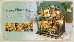 Emerie Yara DIY Miniature Dollhouse Kit - Darcy Flower House - w/ LED Lights Music Box Dust Cover - Hobby | Craft | Gifts