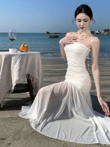 Elegant French Lady Style White Dress Beautiful Soft Wind Slim Fit Bustle Backless Midi Dress High Waist Polka Dot Mesh Skirt