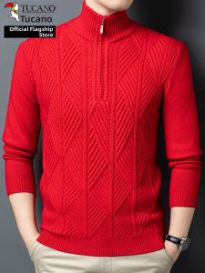 TUCANO | Lucky Year Knitted Sweater Men Winter Thickening Half High Collar Red