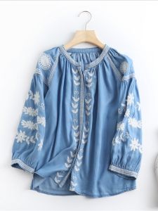 Casual Denim Shirt K-style 21 New Fall Womens Clothing Loose Plus Size Shirt Fashion Style Machine Embroidery Tops