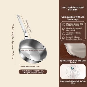 Mini Non-Stick Flat Bottom Pan Small Size 316 Stainless Steel Cooking Wok for Single Person Breakfast Kitchen Utensils