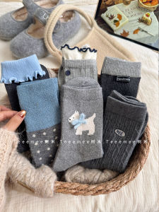 Gray Woolen Thick Mid-calf Socks for Women Autumn Winter Warm Cozy Cotton Socks Fashionable Versatile Japanese Style Socks