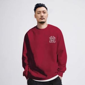 Heavyweight Cotton Fleece Sweatshirt Red Wine Color Loose Fit round Neck Casual Hoodie for Men Autumn Winter Street Style