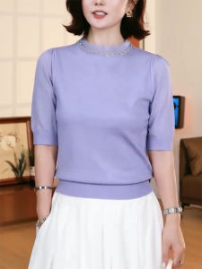 QINGNAER | Elegant Purple Dazzle Drill Stand Collar Skin-friendly Short Sleeve Plus Size Knitwear