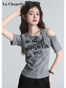La Chapelle | Letter Print Slanted Neck Off-Shoulder Short Sleeve T-Shirt Grey