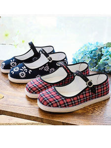 รองเท้าผ้าปักกิ่งแฮนด์เมด พันชั้นล่าง เรียบง่าย หัวเข็มขัด ผู้หญิง รองเท้าส้นแบน รองเท้าใส่ในบ้านที่สะดวกสบายสําหรับวัยกลางคนและผู้สูงอายุ