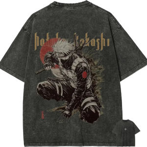 Bandai | Naruto Kakashi Hatake T Shirt Sharingan Vintage Acid Wash Streetwear Retro Anime Graphic 2026 New 100%Cotton Men Tees Clothing