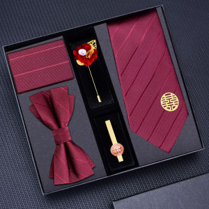 Wedding Groom Black Red Tie Bow Tie Pocket Square Tie Clip Set Men Zipper No Tie Bow Tie Fashion Business Style Polyester