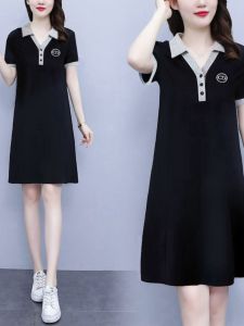 Elegant A-Line Midi Dress Polo Collar Slimming Summer New Style Korean Version Long Sleeve Floral Pattern Commute Friendly Dress