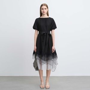 Sdeer New Womens Irregular Organza Short Sleeve Dress Flowing Metal OL Style Summer Fashion Commute Lace Embroidery A-Line Skirt