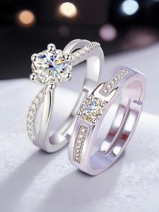 Luxurious Wedding Rings Set 1 Carat 6 Claw Simulation Couple Rings Celebratory Props Fashionable Jewelry for Men And Women