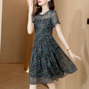 Impression Fashion Women Elegant French Chiffon Floral O-neck Short Sleeve Tunic High Waist A-line Plus Size Midi Dress