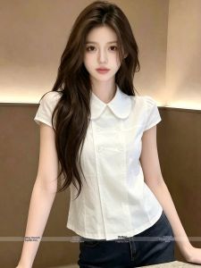 Elegant Waist-Slimming Peter Pan Collar Short Sleeve Shirt