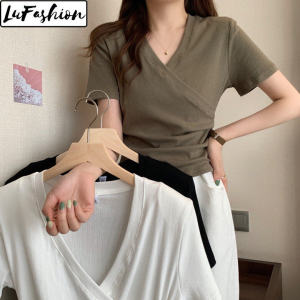 LuFashion Tshirt for Women Summer V-neck Short Sleeve Slim Plain Casual T-Shirts
