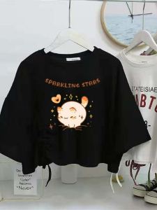 Áo Eo Cao Cạp Cao Hở Rốn Có Dây Rút Rộng Rãi Áo Phông Cộc Tay Mẫu Ngắn Đen Trắng Phong Cách Học Sinh Phong Cách Hàn Nữ Thời Trang