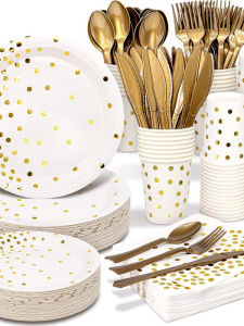 Degradable Disposable Gold-Stamped Party Dinnerware Set round Paper Plate Cup Napkin Knife Fork Spoon for Banquet Catering Use