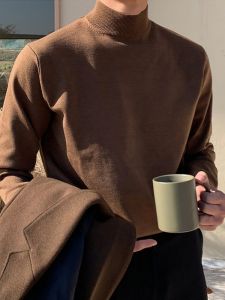 Mid-High Collar Pure Color Knit Sweater for Men Long Sleeve Casual Base Shirt Fashionable and Versatile for Autumn and Winter