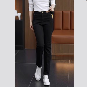 High Waist Slim Fit Straight Leg Denim Jeans Womens Spring Autumn New Style Elastic Bandage French Bread Pants Black