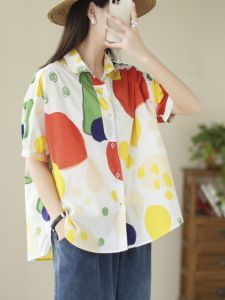 Loose Casual Printed Short Sleeve Womens Shirt Artistic Summer Top Commute Style Fashion Comfortable Breathable Fabric