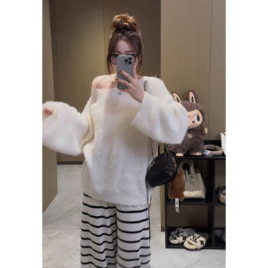 YUEZHONGWEI | French Style Asymmetrical Off-Shoulder Loose Knit Sweater