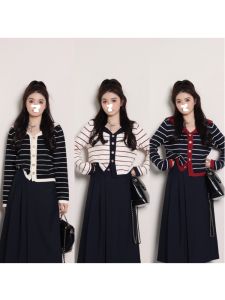 Li Xiaocan Plus Size Slightly Oversized Girls Sailor Collar Stripes Knitwear Female Spring New Arrival Slimming Sense of Design Contrast Color Tops
