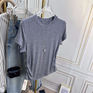 Lcelose Silk Wool Womens T-Shirt High Waist Slim Fit Short Sleeve Summer Thin Material Folded Design Korean Style round Neck