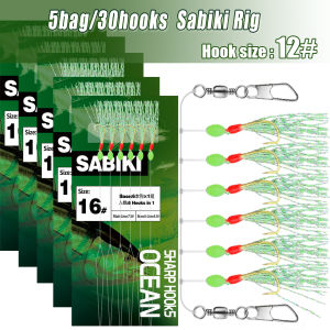 5bag/30hooks Silver-threaded Sabiki String Hook Fishing Set High-carbon Steel Fishhook with Luminous Beads