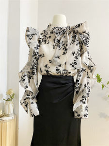 Áo Sơ Mi Dài Tay Họa Tiết Hoa Thắt Nút Bướm Kiểu Pháp Dành Cho Nữ Mùa Xuân 2025 Thiết Kế Giảm Tuổi Tác Viền Bèo Nhún Áo Nhỏ