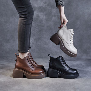 รองเท้าบูทมาร์ตินสำหรับผู้หญิง ฤดูใบไม้ร่วง 2025 ใหม่ ทรงหนา สีดำ ด้านข้างซิป กันน้ำ ทรงหัวมน ทรงหัวมน