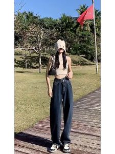 Rosh Mom Jeans High-Waist Wide leg Pants for Women Cross-waisted Korean Denim Pants for women