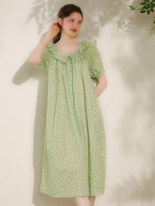 XEXZ | ชุดนอนผู้หญิงแขนสั้นพิมพ์ลายดอกไม้คอตตอนแท้สไตล์ฝรั่งเศส ทรงหลวม ฤดูใบไม้ผลิ 2025 ชุดนอนผู้หญิงใหม่