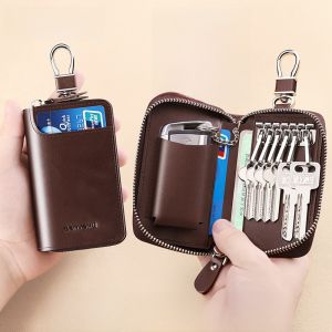 Large Capacity Leather Key Pouch Mens Womens Key Storage Bag Car Key Cover Vintage Style Zipper Closure Vertical Shape