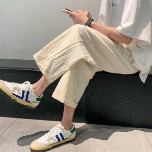 Cotton Linen Pants Mens Summer Thin Baggy Straight Trousers Khaki Linen Pants Japanese Style All-Matching Cropped Casual Pants Men