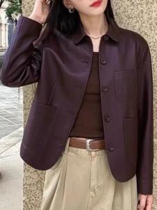 เสื้อแจ็คเก็ตหนัง PU ทรงสั้น สำหรับผู้หญิง ฤดูใบไม้ผลิและฤดูใบไม้ร่วง 2025 แฟชั่นสไตล์เกาหลี ปกคอกลม แจ็คเก็ตหนังลำลอง แขนยาว